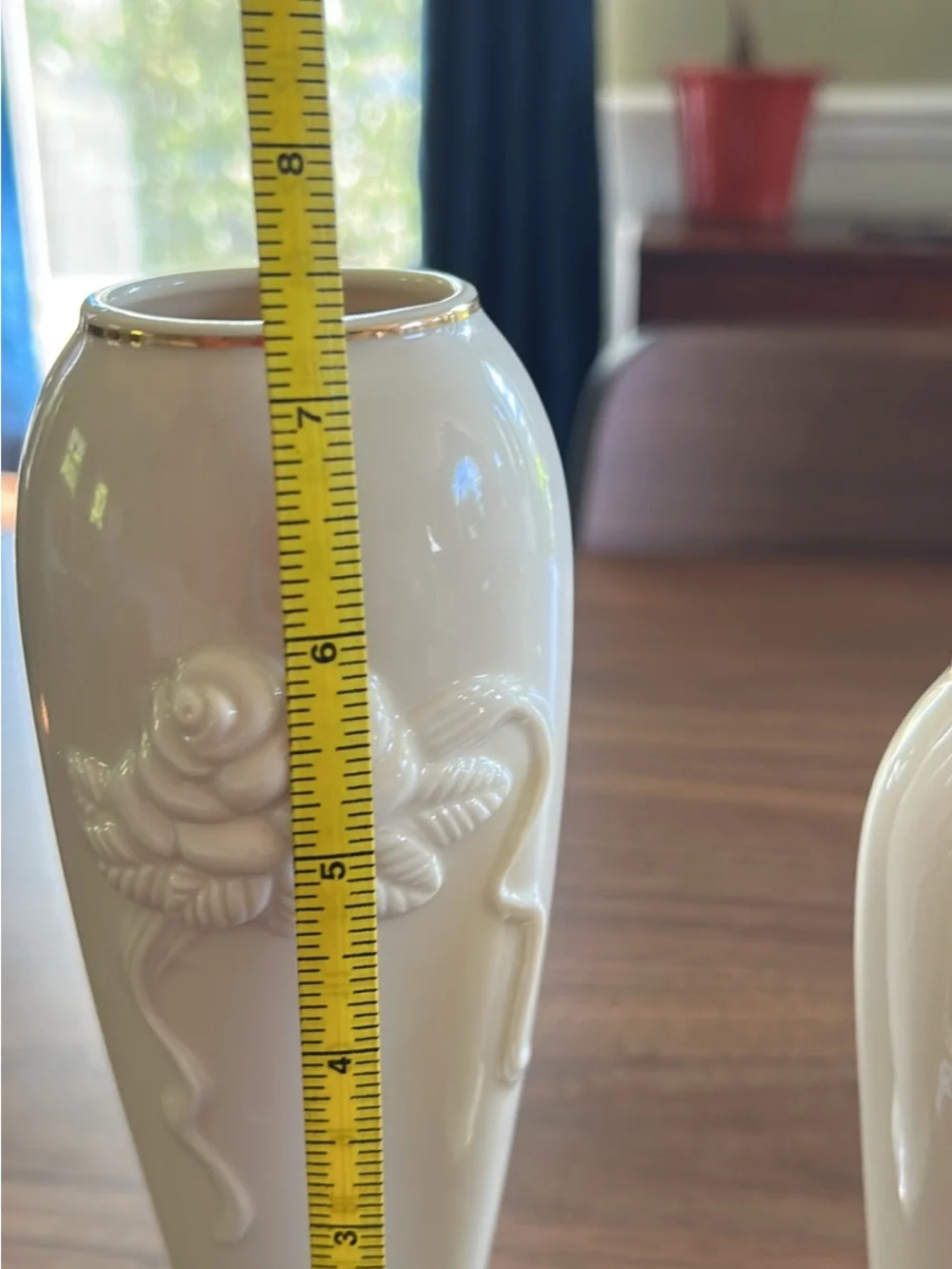 Lenox Cream Ceramic Rose Relief Vases with Gold Trim - Pair